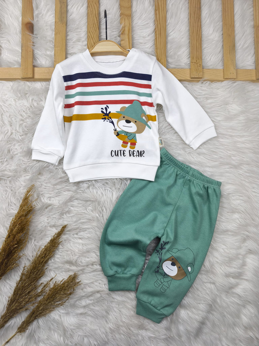 1949 CUTE BEAR ÇİZGİLİ MEVSİMLİK TAKIM  - Yeşil / 9-12 Ay
