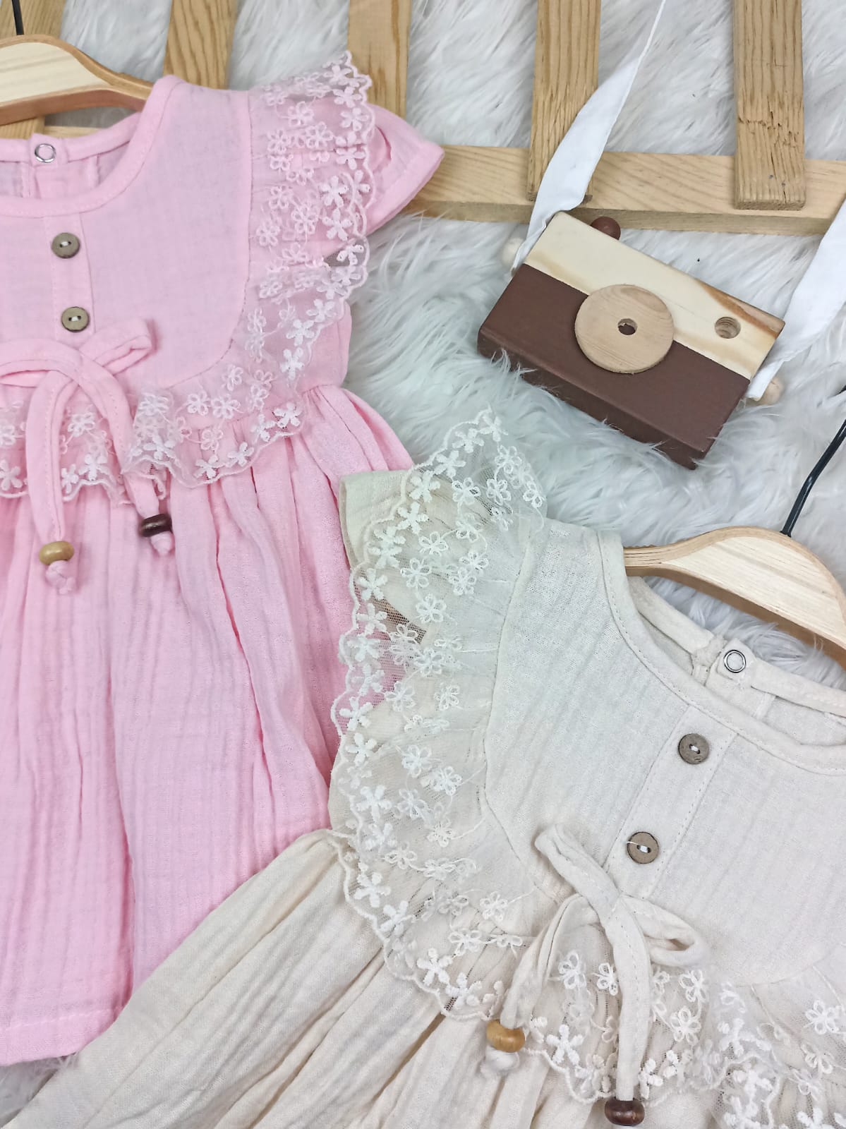 4204 GÜPÜR DETAY MÜSLİN ELBİSE  - Pembe / 12-18 Ay