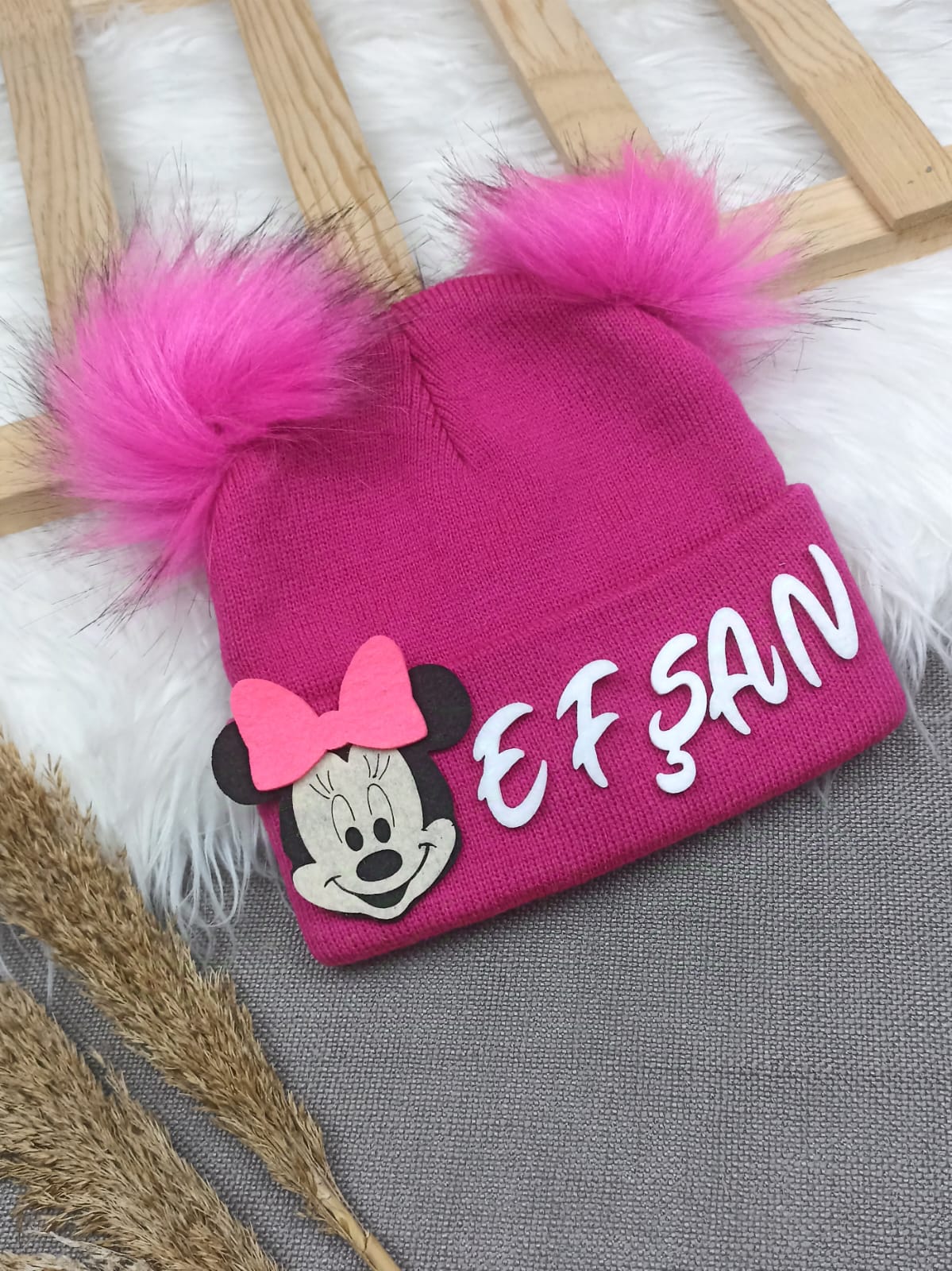 B0313 FUŞYA PONPON İSME ÖZEL TRİKO BERE  - 1