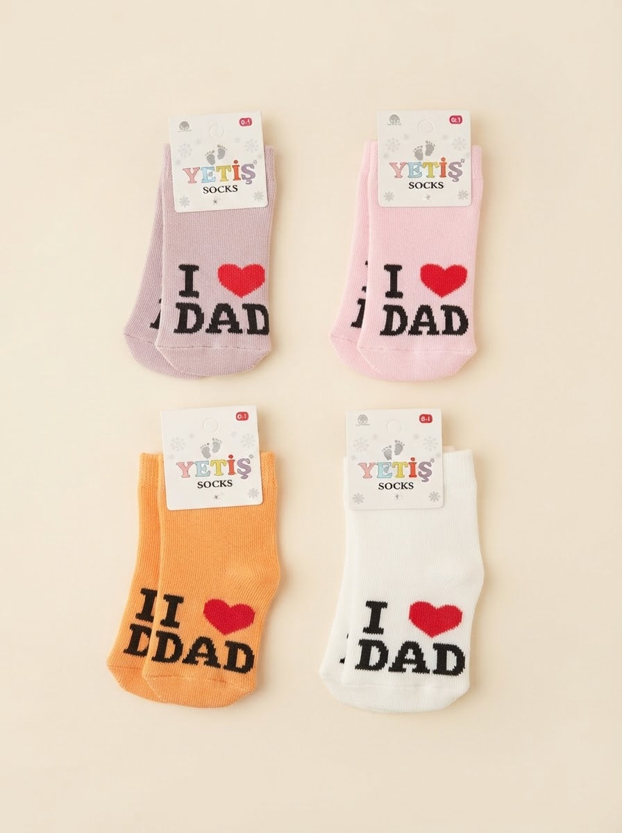 3325 I Dad  Yazılı Kalp Kaymaz Taban  4'lü Havlu Çorap Seti