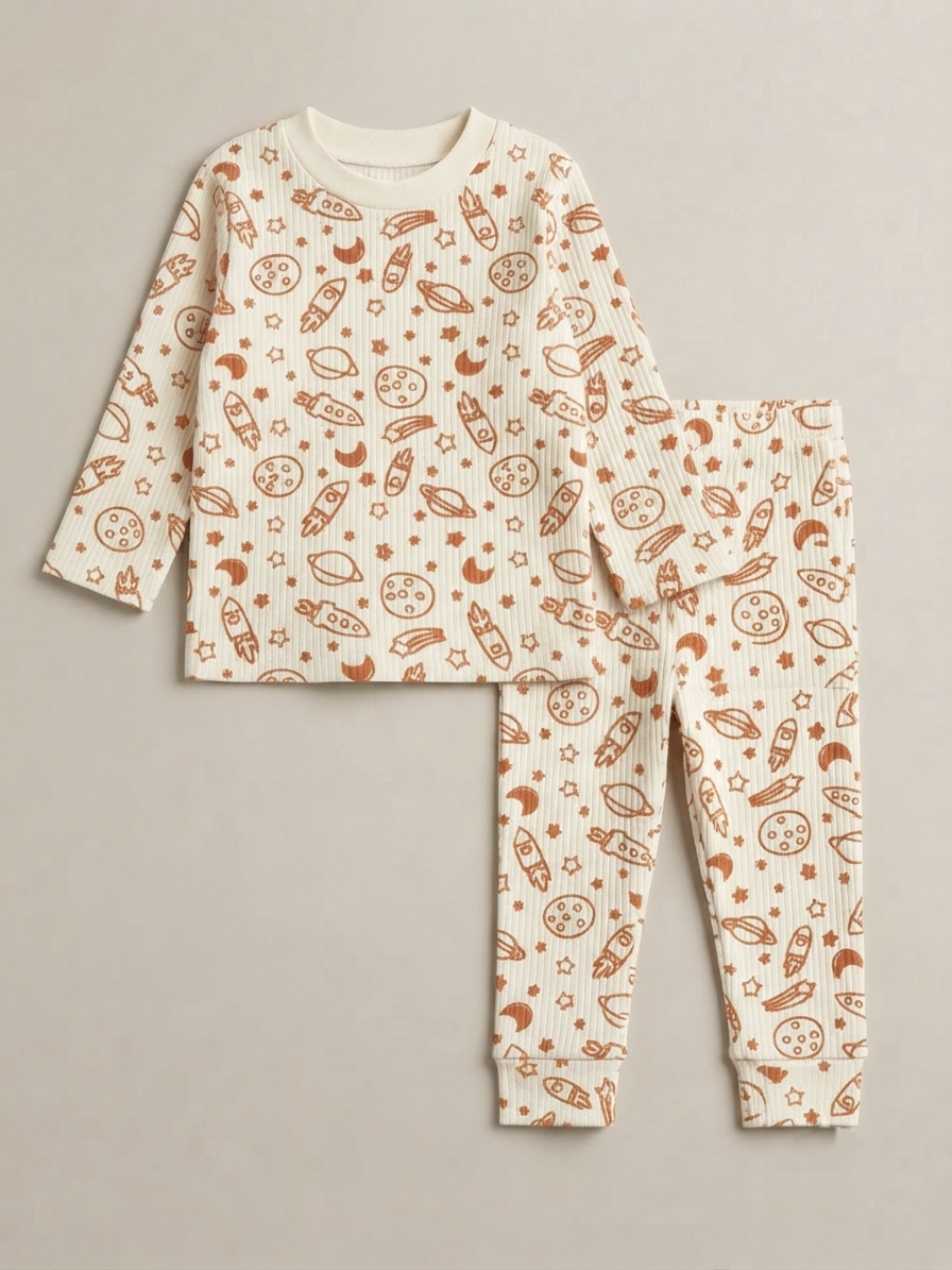 Uzay Desen Baskılı Raporlu Penye Pijama-Turuncu
