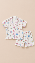 458175 Kiraz Çiçek Desen Müslin Kısa Kol Pijama Takımı