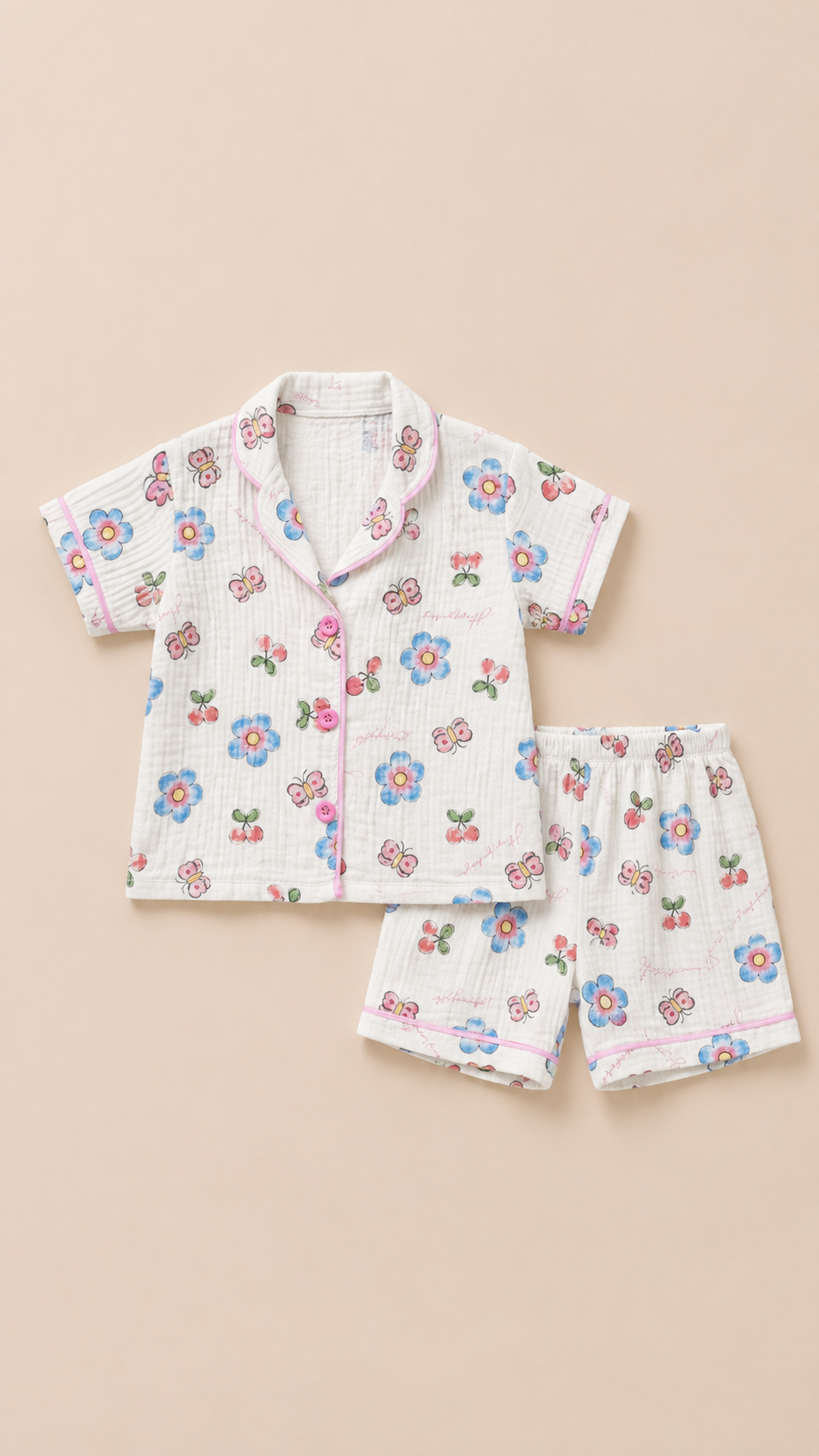 458175 Kiraz Çiçek Desen Müslin Kısa Kol Pijama Takımı