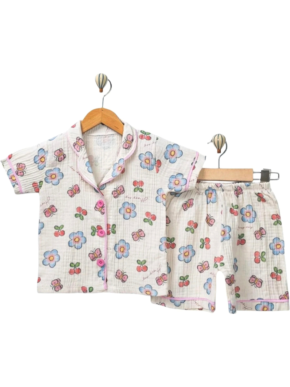 458175 Kiraz Çiçek Desen Müslin Kısa Kol Pijama Takımı