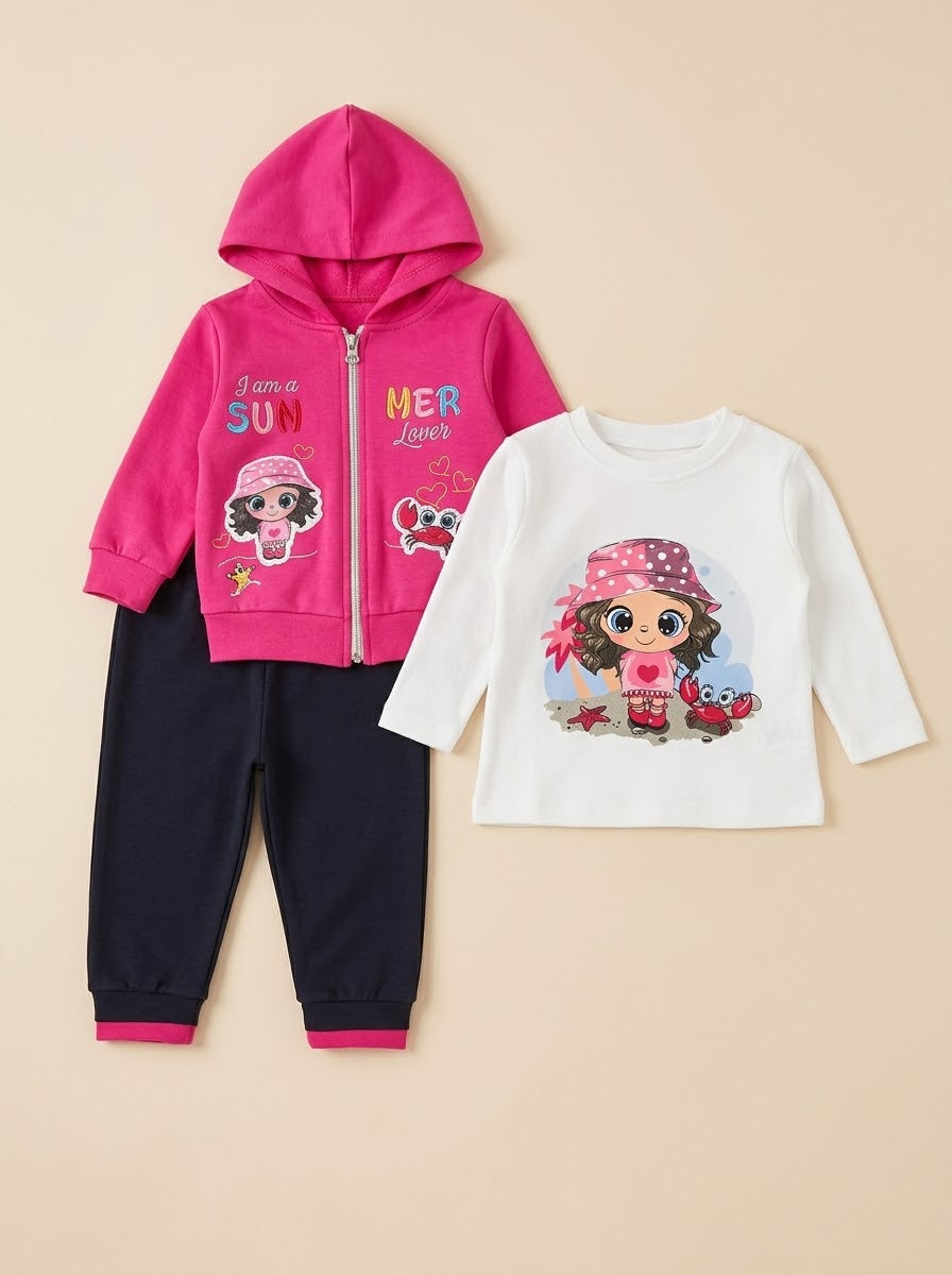 1225 Summer Kız Desenli Hırkalı Takım-Pembe