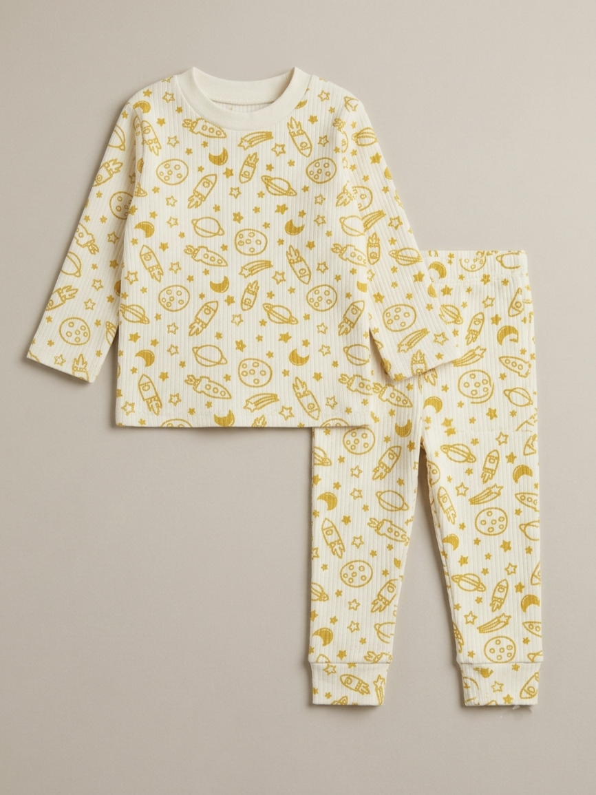 1011 Uzay Baskılı Raporlu Penye Pijama-Sarı