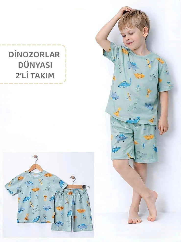 90042 Dinazorlar Baskılı Şortlu Penye Takım