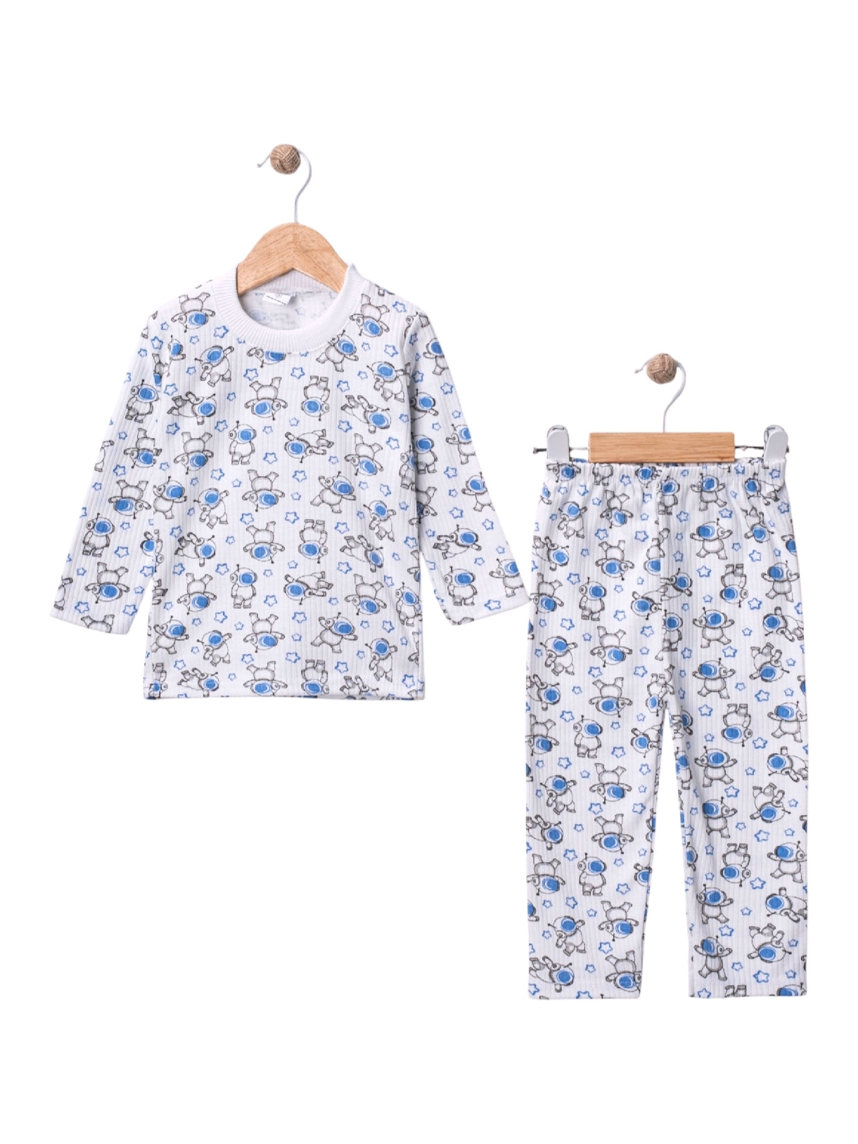 1010 Astronot Baskılı Raporlu Penye Pijama Takım - Mavi