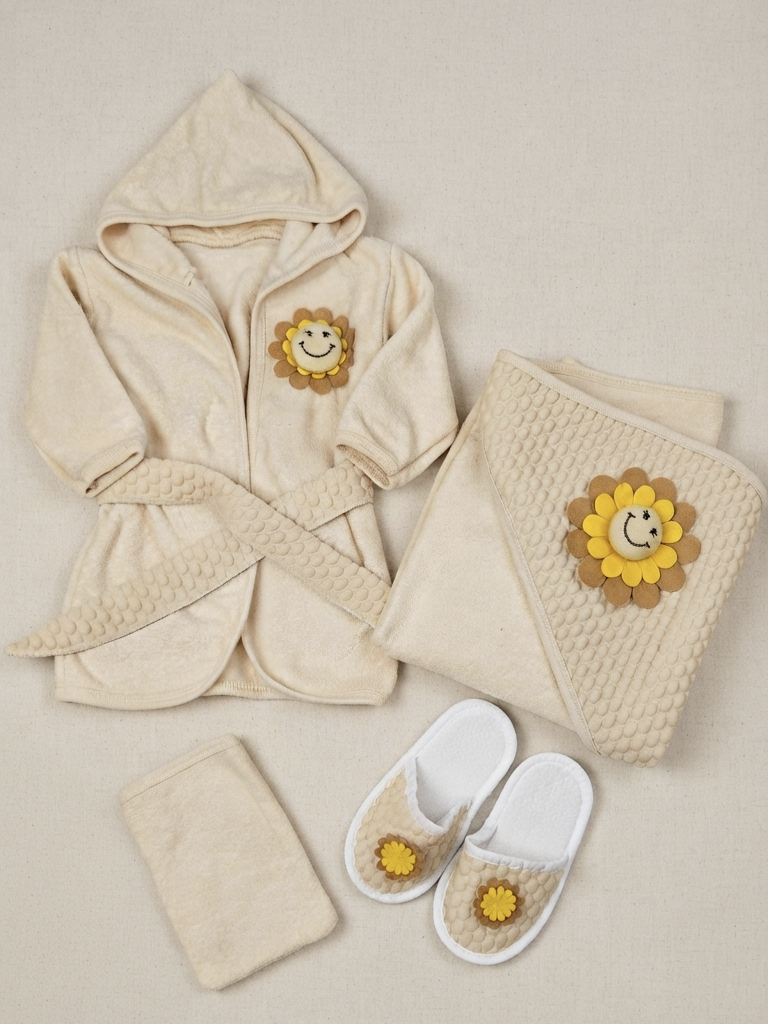 408526 PAPATYA ÇİÇEK DETAYLI BEBE BORNOZ SETİ