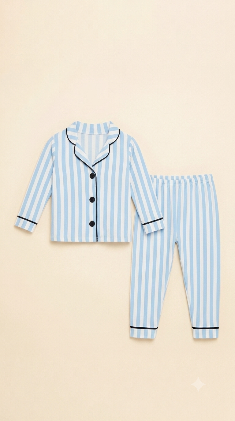 444756 Çizgili Yakalı Önden Düğmeli Pijama Takımı
