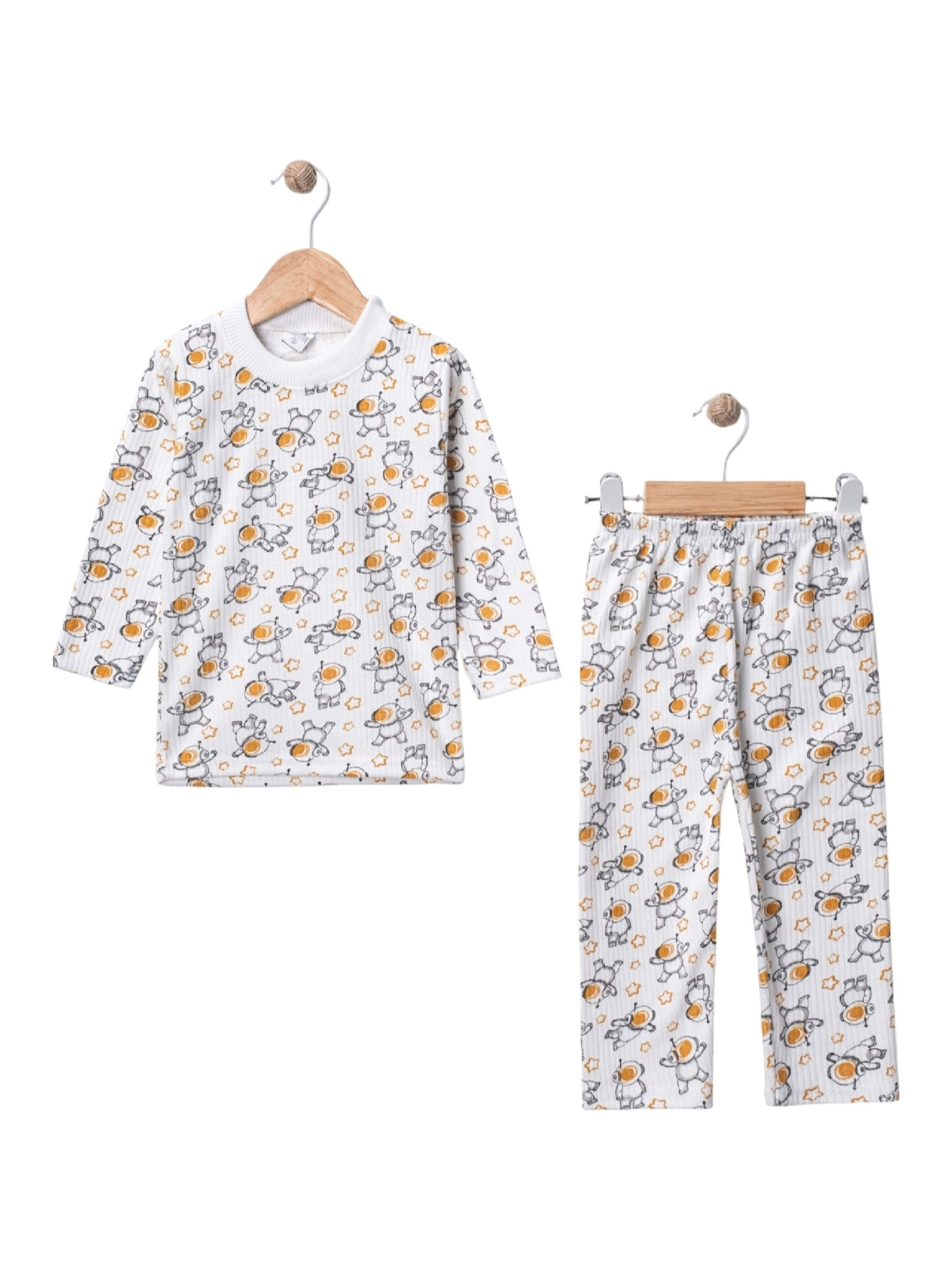 1010 Astronot Baskılı Raporlu Penye Pijama Takım - Sarı