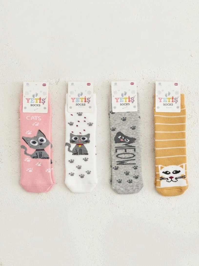 3306 Kedi Desenli Kaymaz Taban 4'lü Havlu Çorap Seti