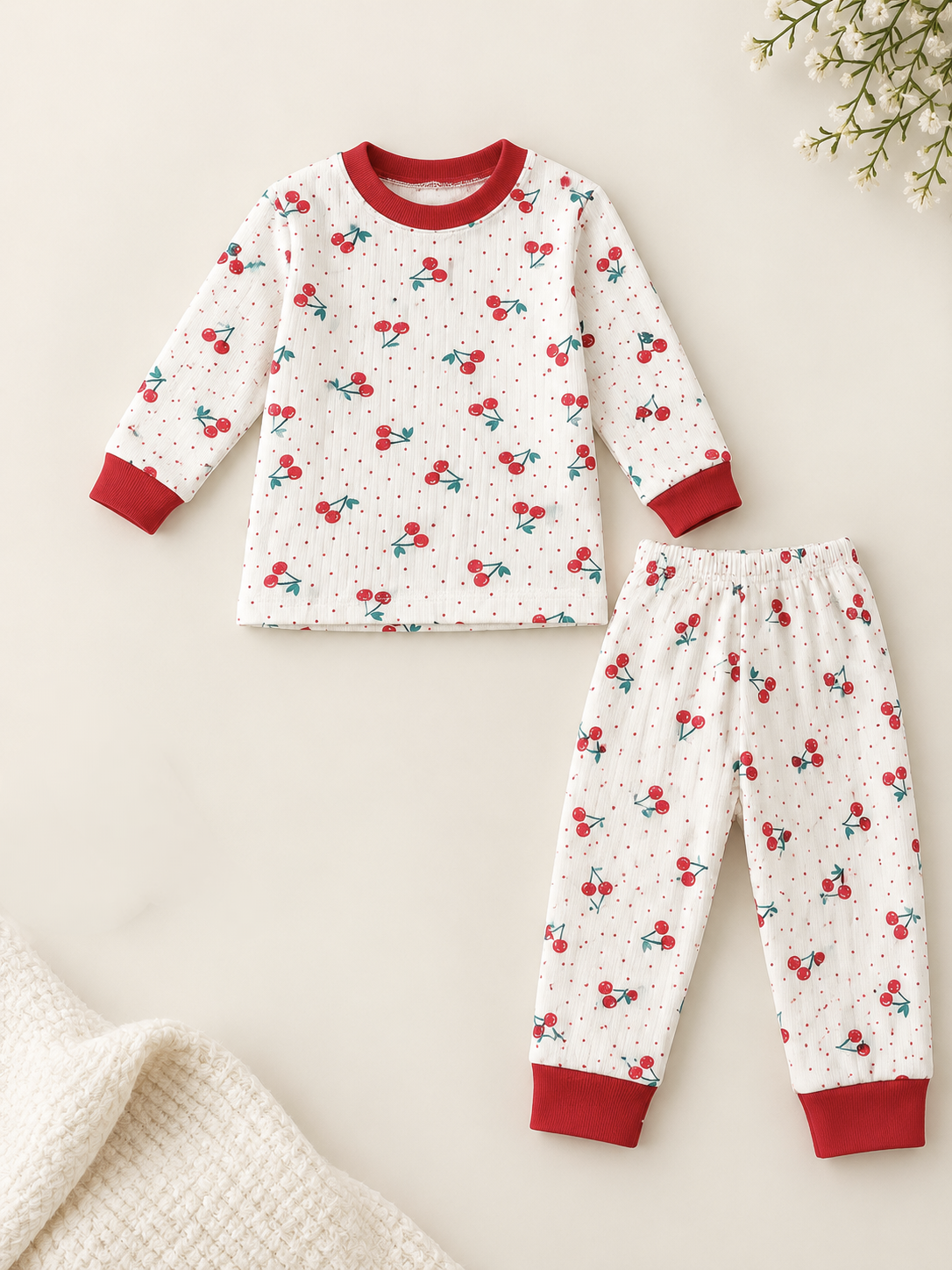 435589 Kiraz Desenli Raporlu Pijama Takımı