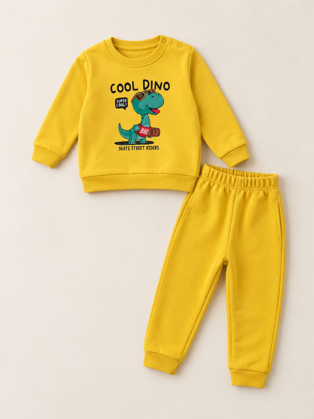 1843 Cool Dino Baskılı Penye Mevsimlik Takım - Sarı
