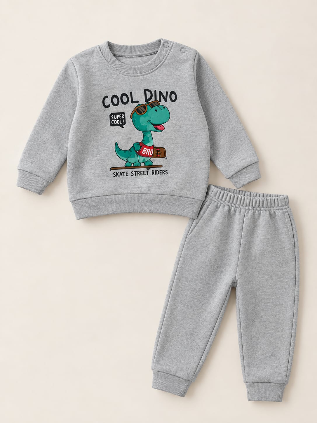 1843 Cool Dino Baskılı Penye Mevsimlik Takım - Gri