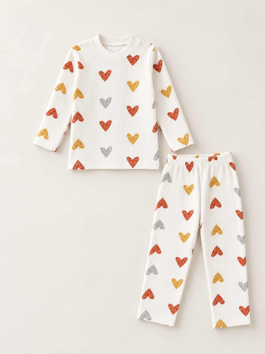 435587 Kalp Desenli Pijama Takımı-Turuncu