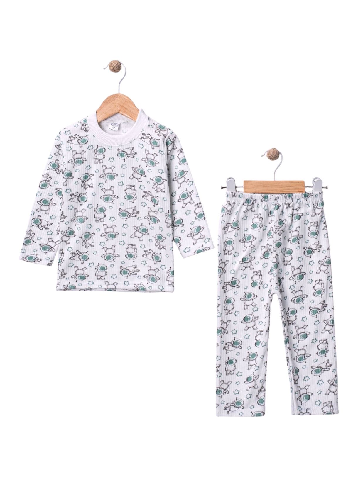 1010 Astronot Baskılı Raporlu Penye Pijama Takım - Yeşil