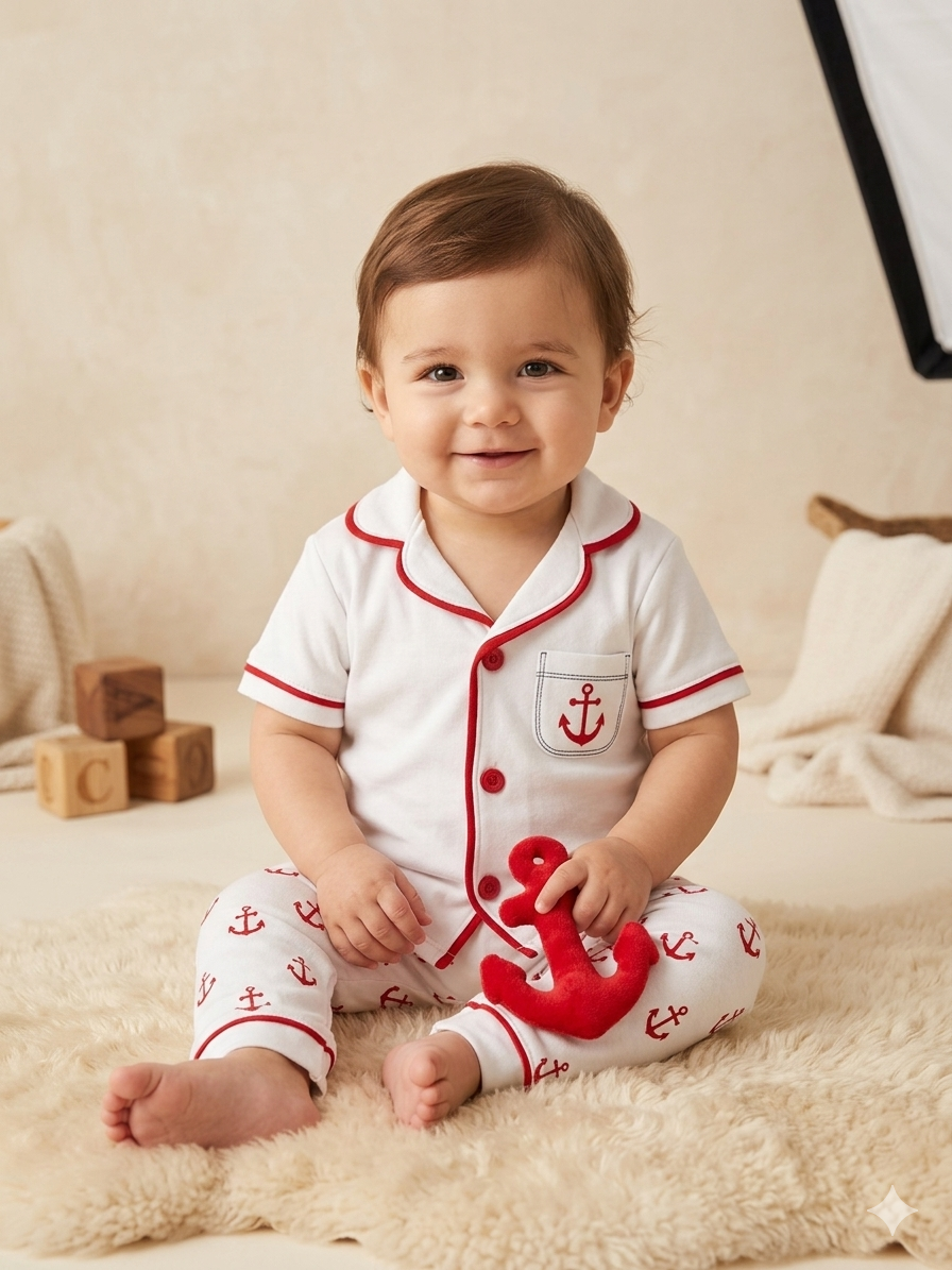 452350 Denizci Kısa Kol Pijama Takımı - Kırmızı